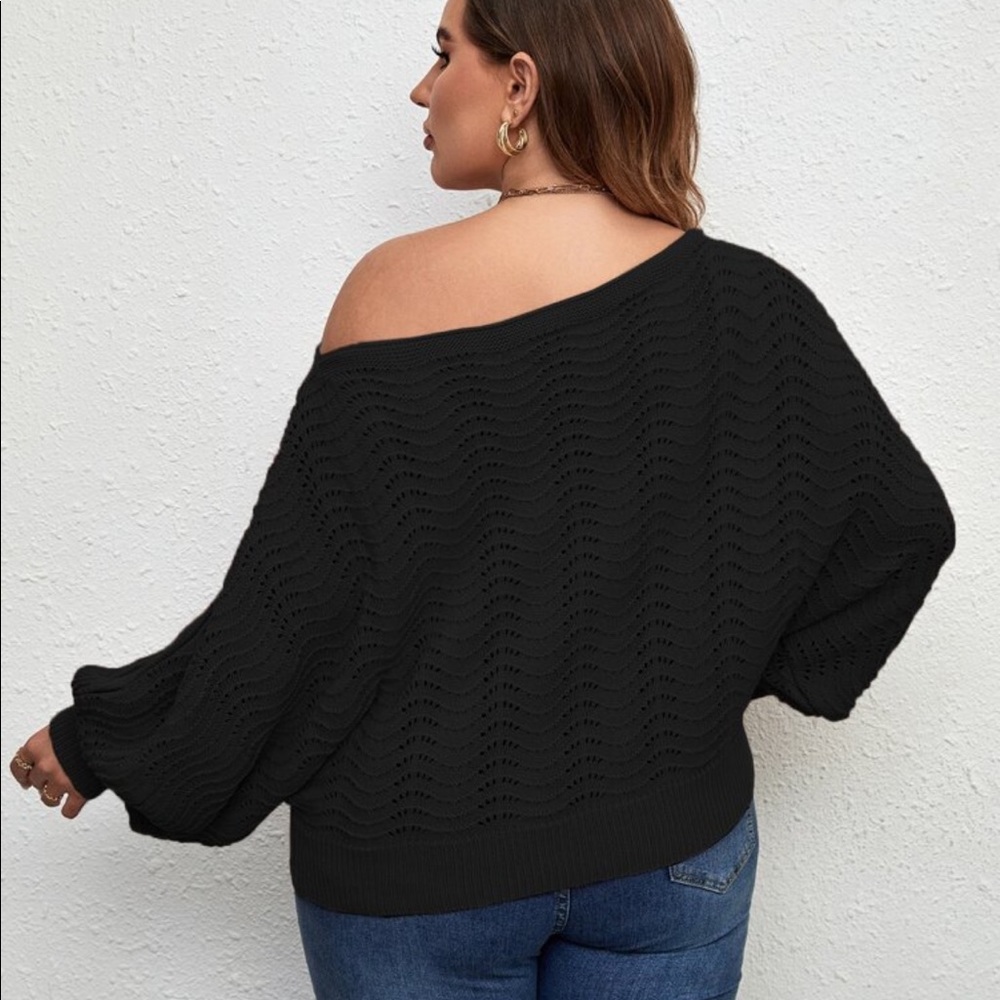 Plus Off Shoulder Asymmetrical Neck Batwing Cuff Sleeve Sweater Top - Picture 2 of 13
